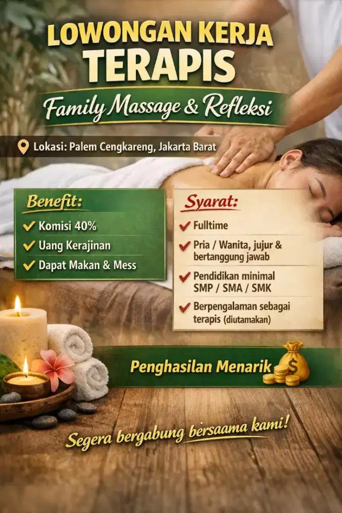 Dibutuhkan terapis pijat kesehatan pria n wanita