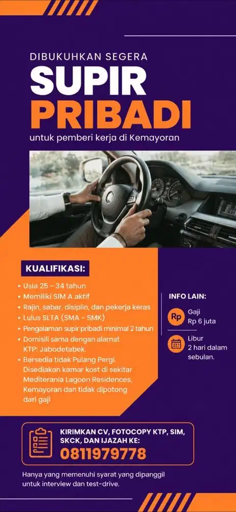 *Dibutuhkan Segera Supir Pribadi* utk pemberi kerja di Kemayoran