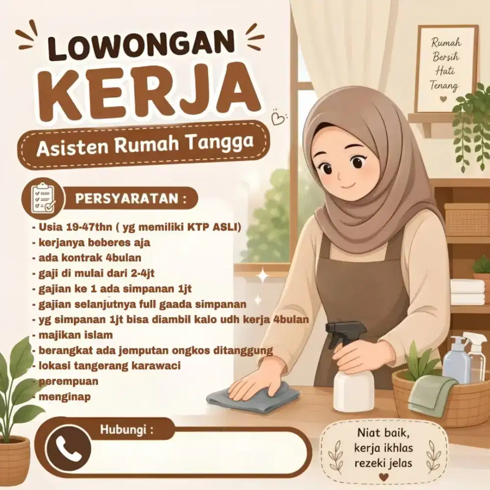 dibutuhkan segera asisten rumah tangga untuk perempuan