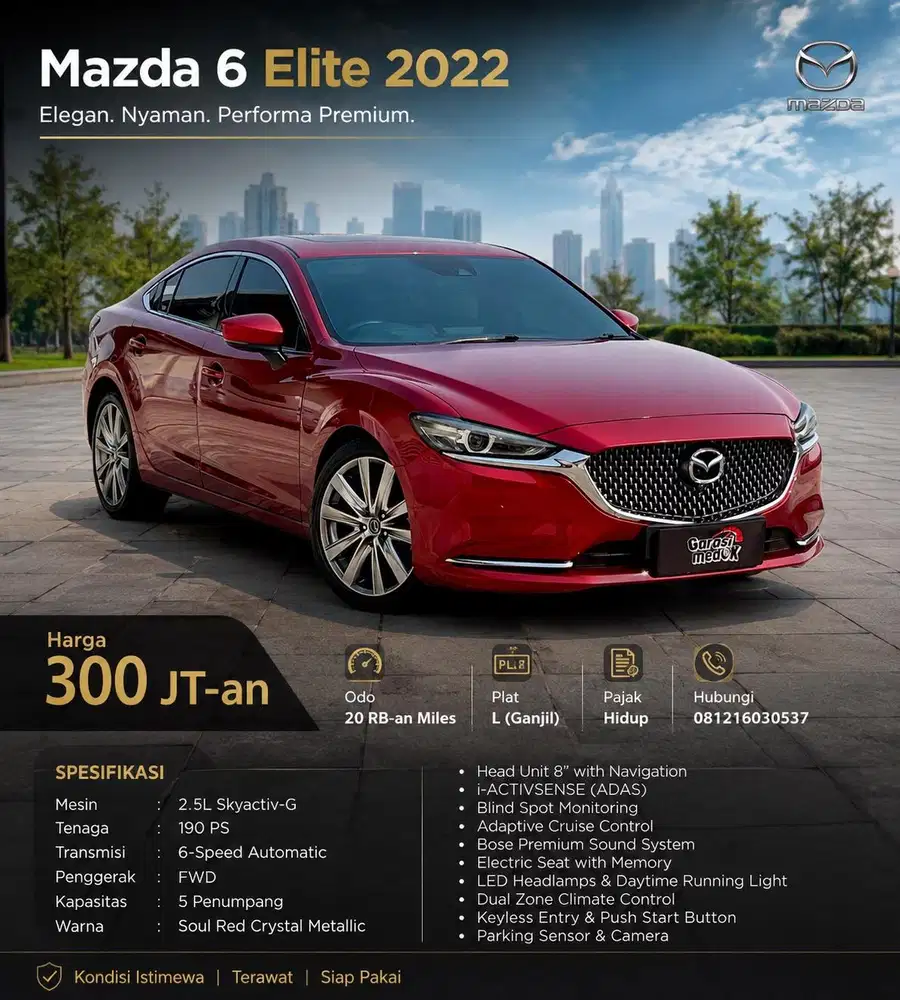 Mazda 6 Elite Sedan 2022 Antik Low KM Murah Bekas Merah Ganjil Garansi