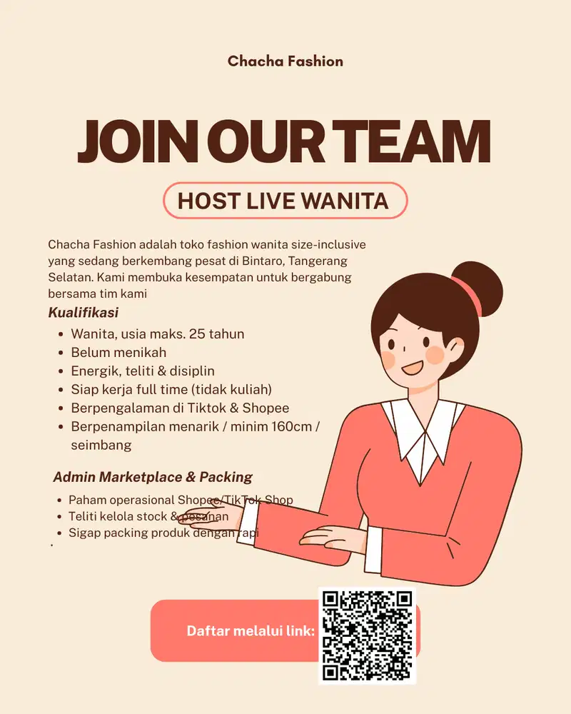 dibutuhkan HOST LIVE&ADMIN MARKETPLACE(PACKING) WANITA berpengalaman