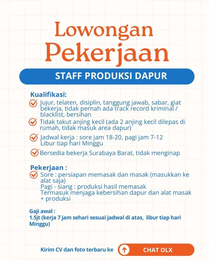 Dibutuhkan Staff Produksi Dapur PP Tidak Menginap Surabaya Barat