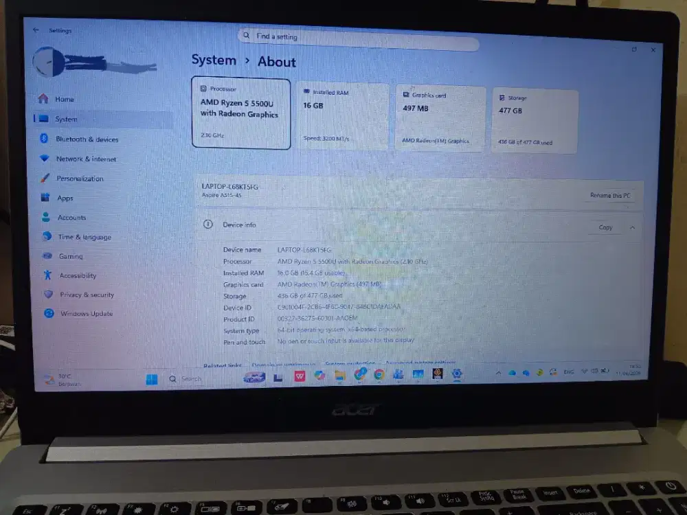Acer aspire 5 A515-45 (AMD RYZEN 5 5500U WITH RADEON GRAPHIC)