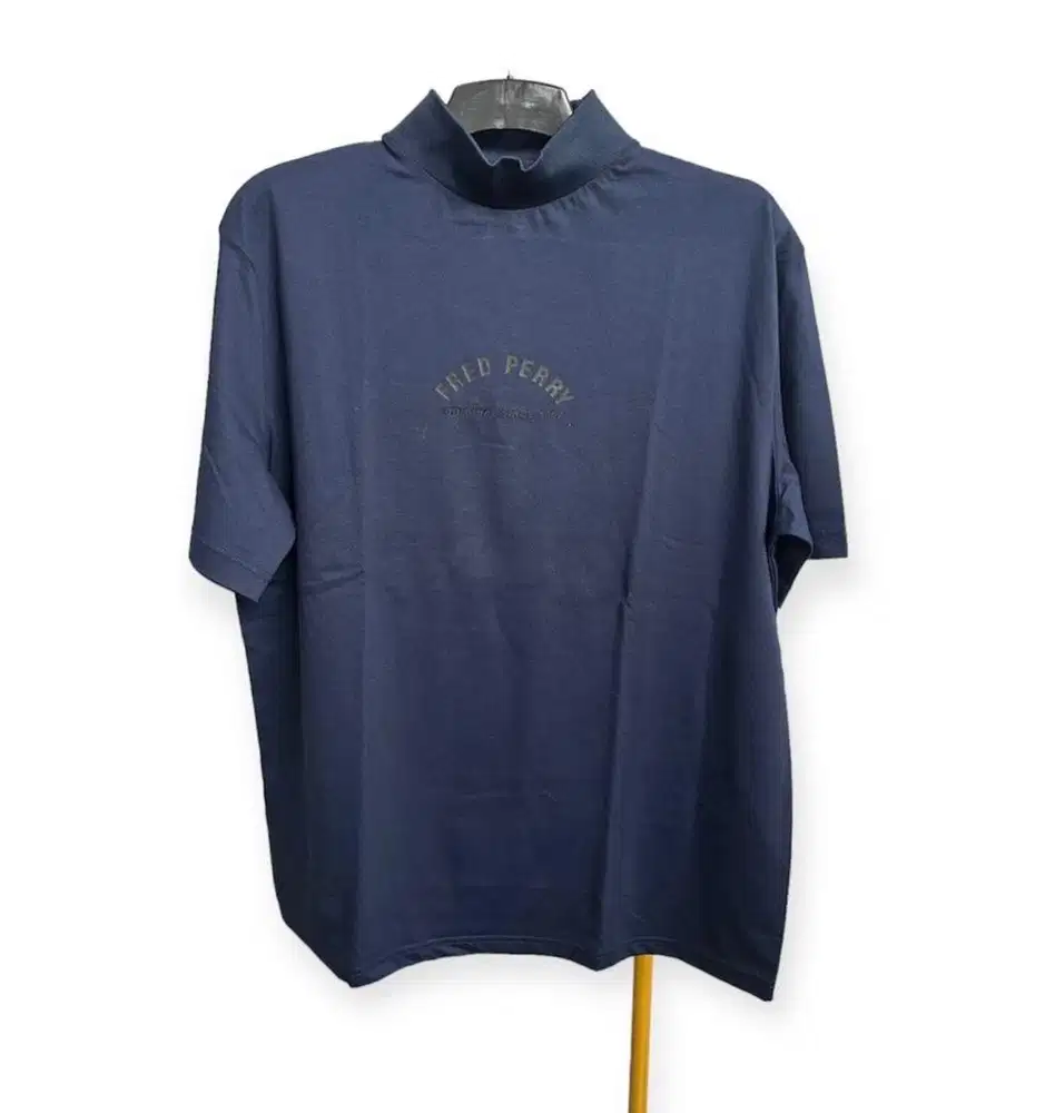 kaos tshirt biru navy UK 14 ato L high neck fred perry