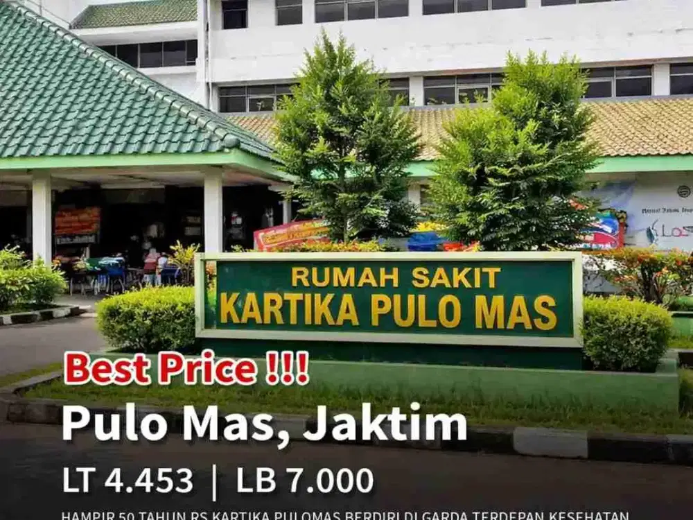 Dijual cepat *Rumah Sakit*
Kayu Putih
Pulo Gadung *hanya gedung dan tanah*


*SHGB*
*Type C*
*Ijin R. Sakit s/d 2027*

*3 lantai* 
Lt             ± 4453 m² 
Lb            ± 7000 m²

Bed Capacity    117

*RAWAT INAP*

VVIP
VIP, 
Kelas 1, 2, 3
Isolasi
ICU
R