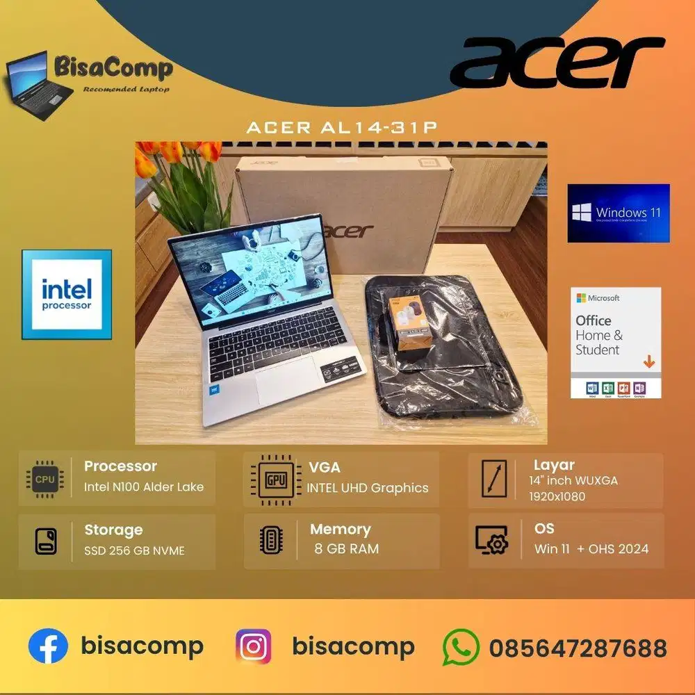 Acer AL14-31P BNOB Intel N100 SSD 256gb Ram 8gb 14inchWUXGA Fullset