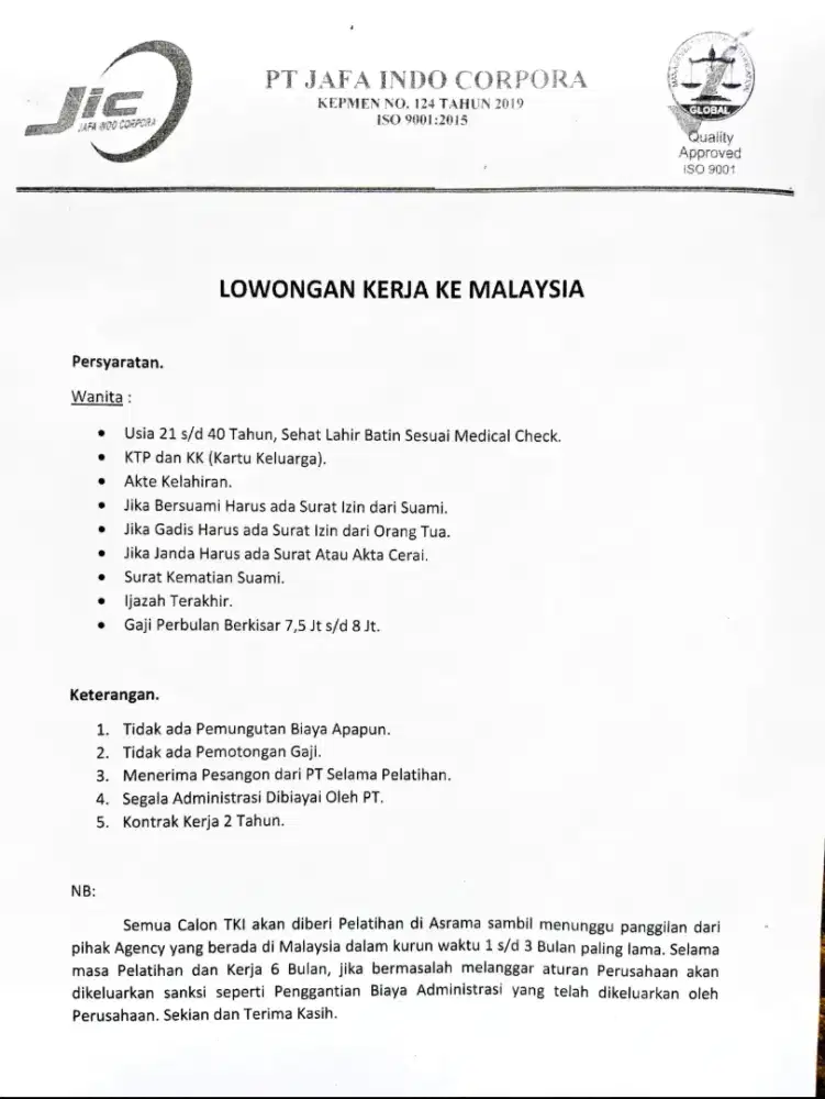 Loker Malaysia resmi tanpa biaya