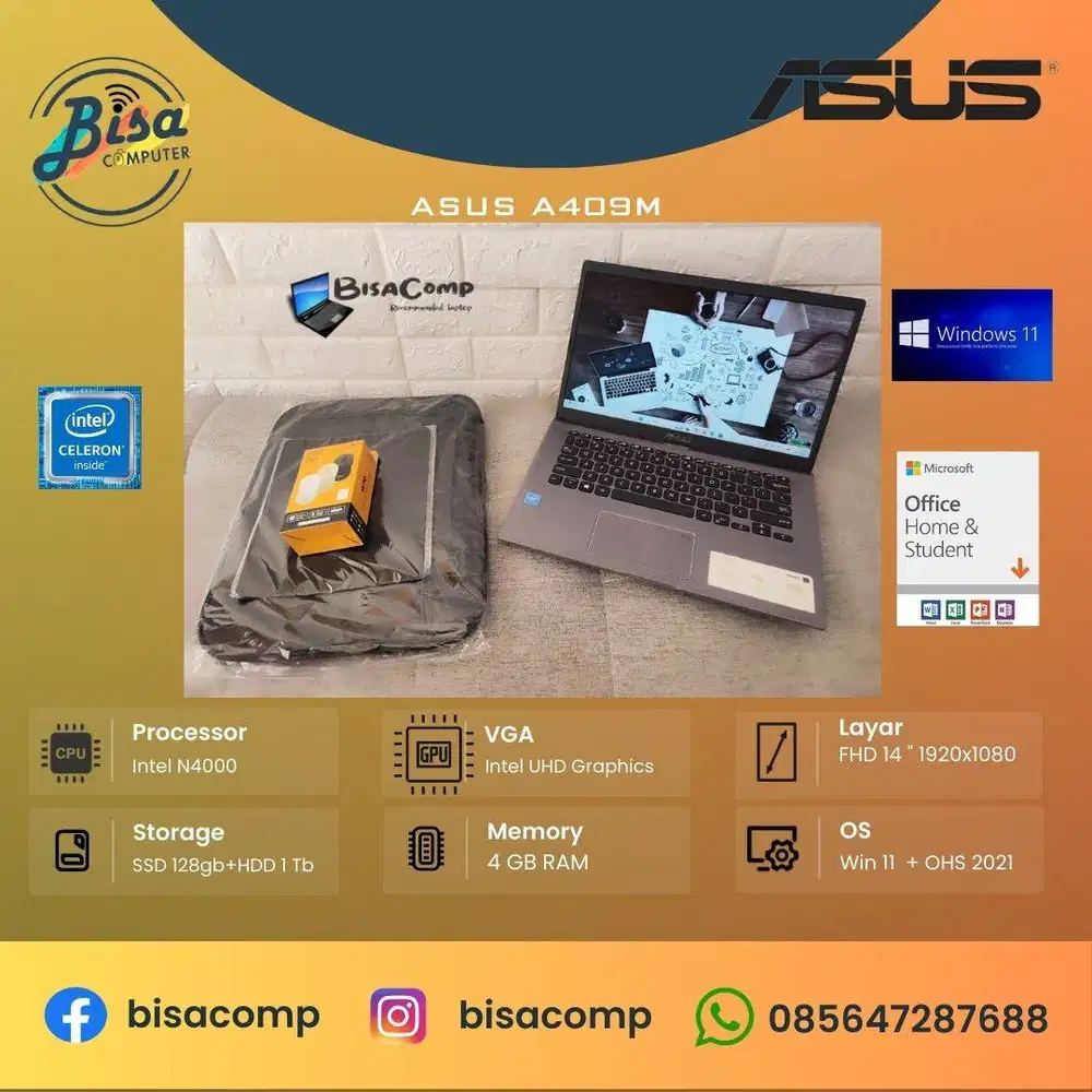 Asus A409M Intel N4000 SSD 128gb HDD 1Tb Ram 4gb 14inchHD