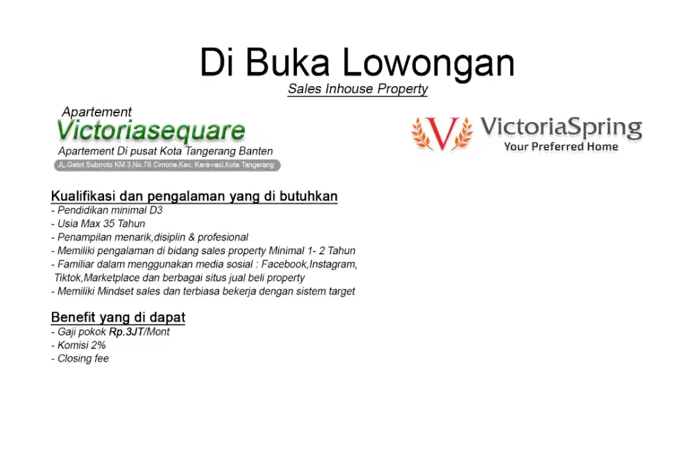 Lowongan kerja Sales jual apartemen dan Rumah