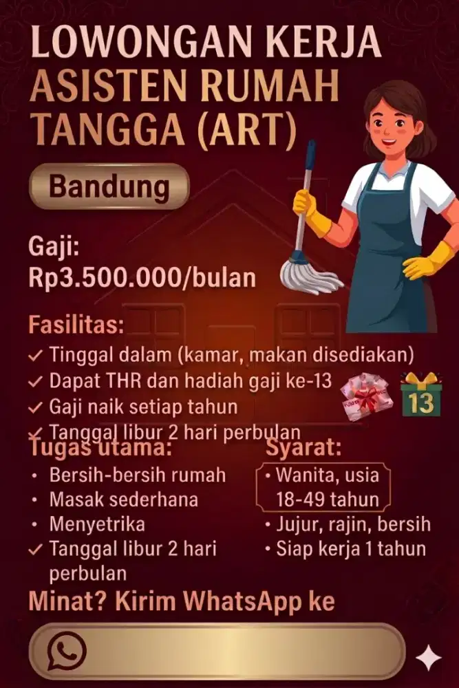 DICARI ART/ PEMBANTU SEGERA! LANGSUNG KERJA