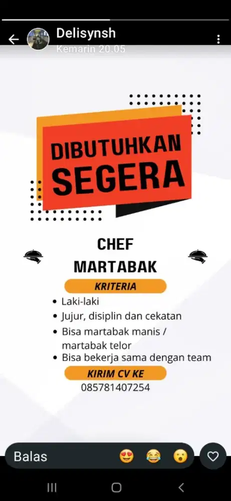 Dibutuhkan chef martabak