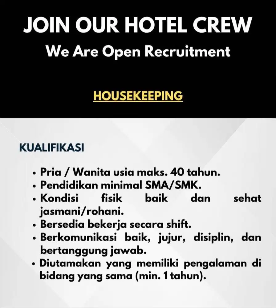 DIBUTUHKAN SEGERA (Housekeeping, Receptionist, Security)