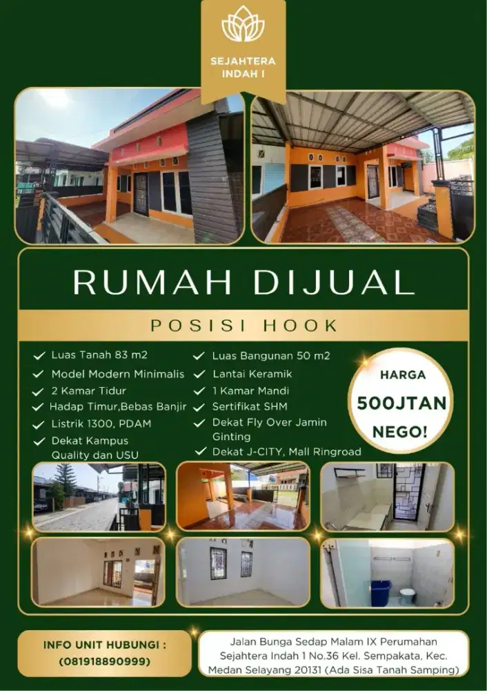 Dijual Cepat Rumah Hook SHM Siap Huni Dekat USU&Ringroad,Nego sd jadi