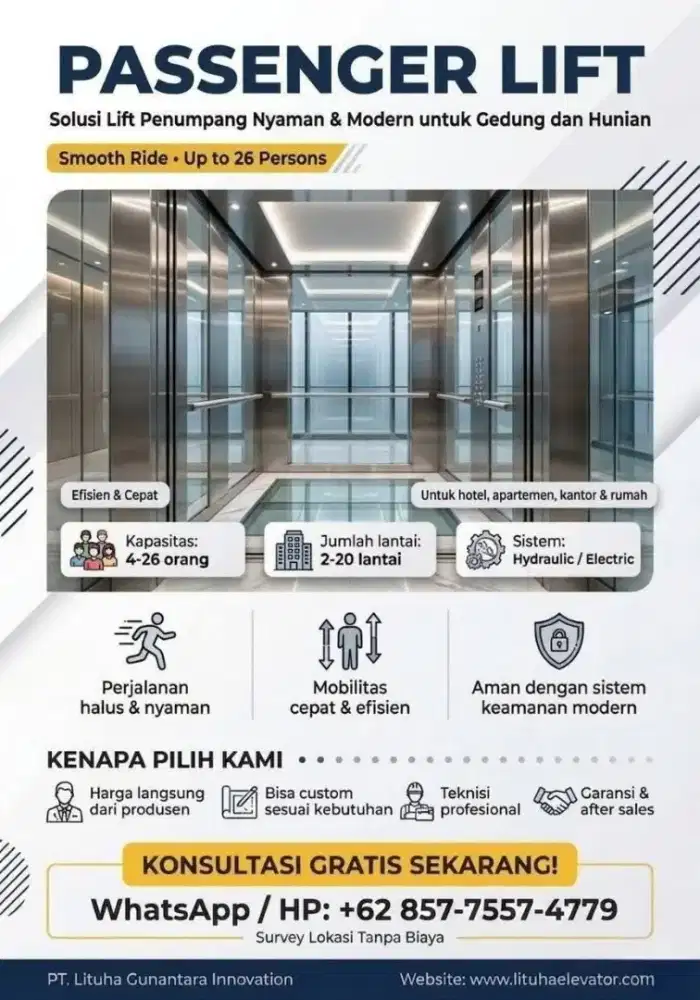 Passenger lift, home lift, cargo lift, hospital/bed lift, dumbwaiter