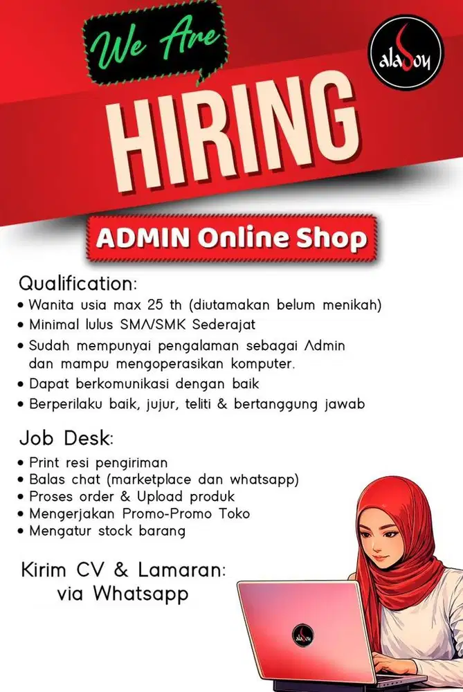 Di butuhkan Admin Olshop dan Packing barang