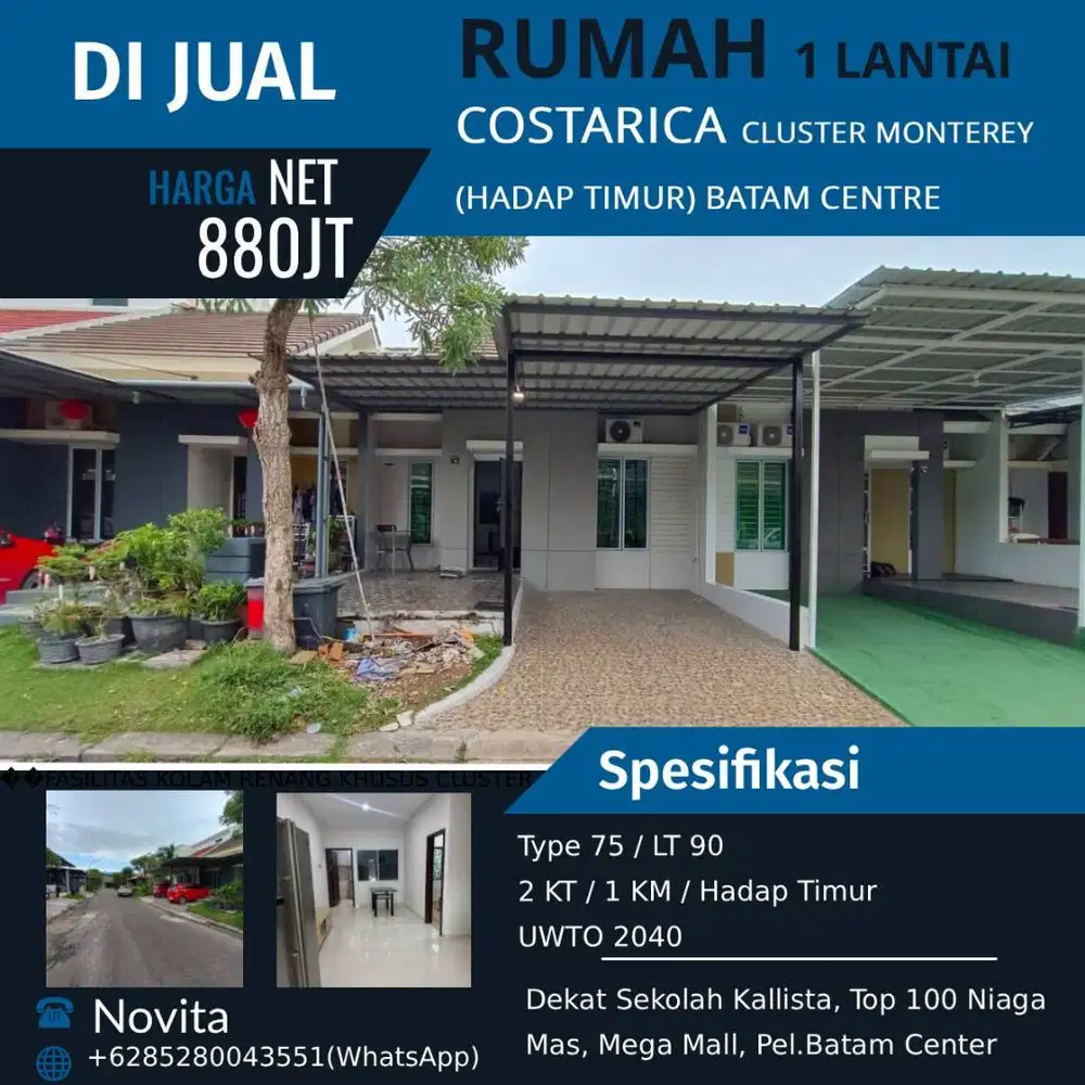 Rumah 1 Lantai Siap Huni COSTARICA Cluster Monterey Batam Center