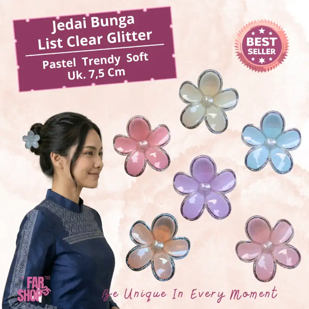 Jedai Bunga List Clear Glitter 7,5 Cm Cantik Menawan Murah Soft Pastel