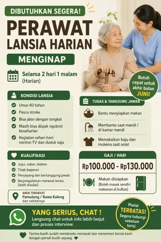 Perawat lansia harian KHUSUS WANITA