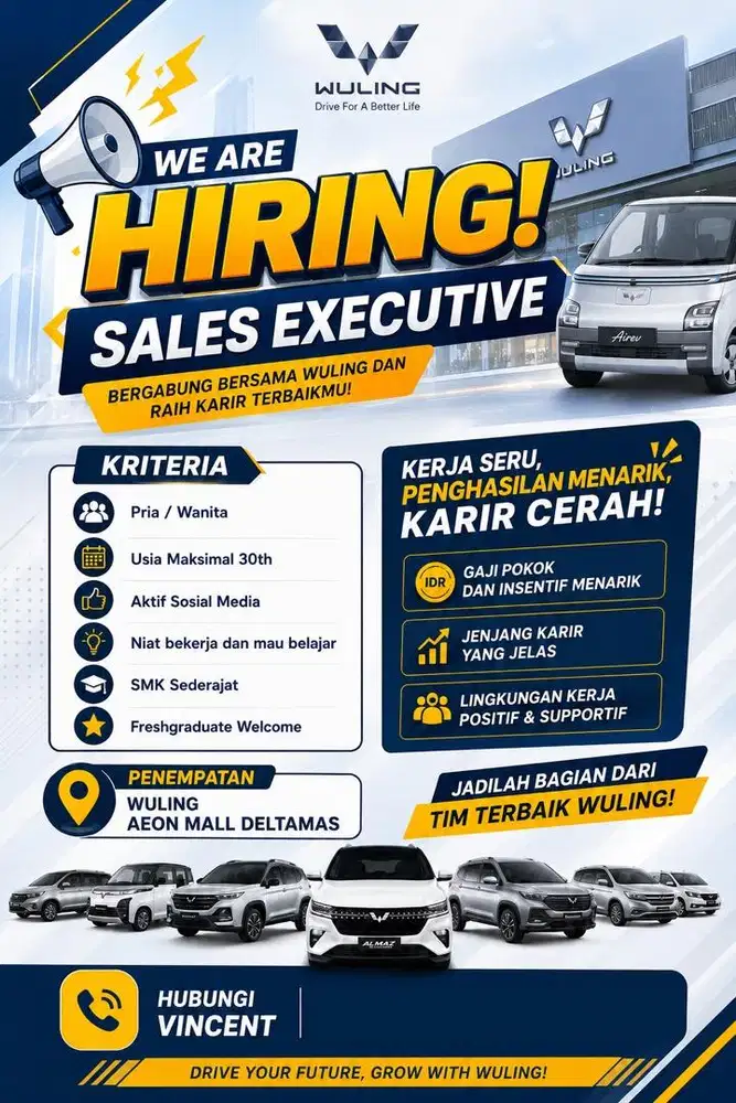 Lowongan kerja sales wuling di mall aeon deltamas, gen z boleh