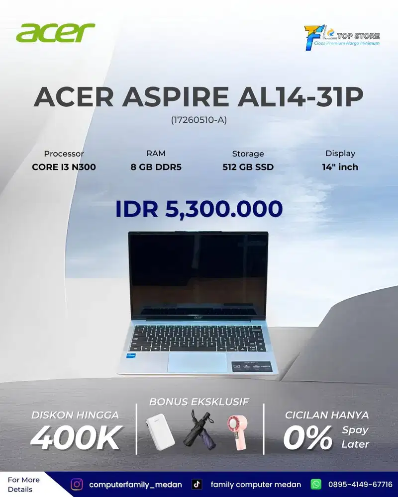 ACER ASPIRE AL14-31P CORE I3-N300 8GB/512GB SSD GARANSI RESMI