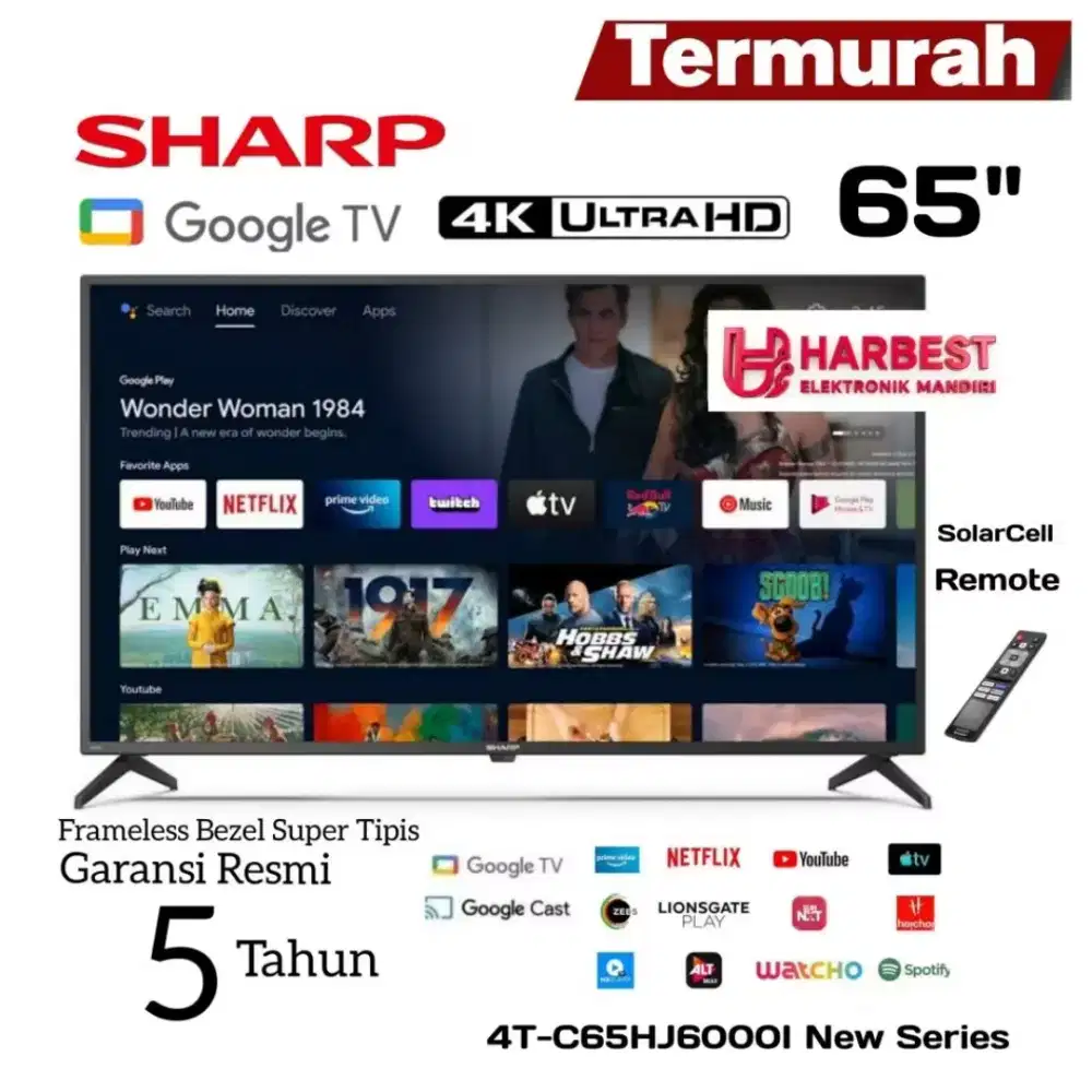 SHARP 4K UHD Google TV 65 Inch Dolby Atmos 4T-C65HJ6000I SolarCell