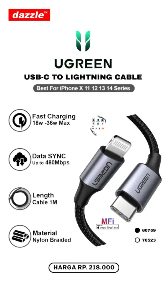 UGREEN TYPE C TO LIGHTNING MFI CABLE