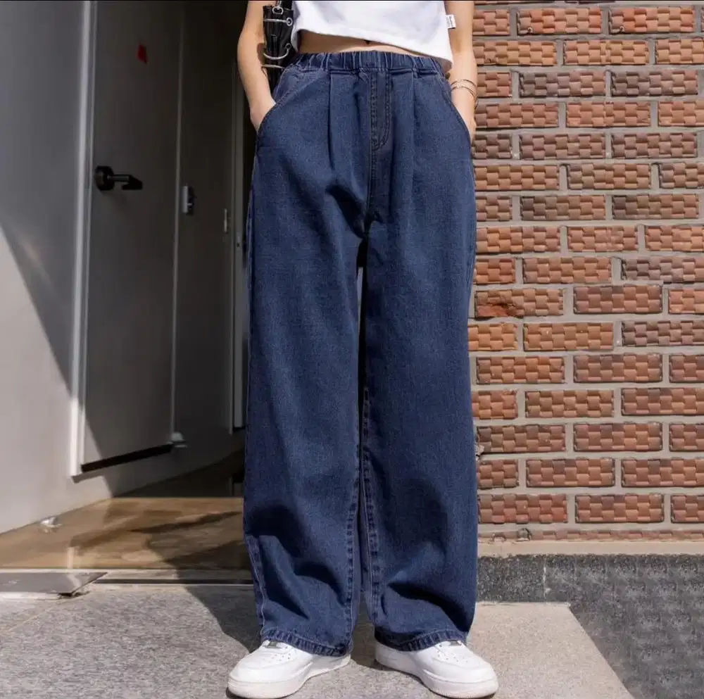 Baffle jeans elastic waistband casual vintage loose panjang denim