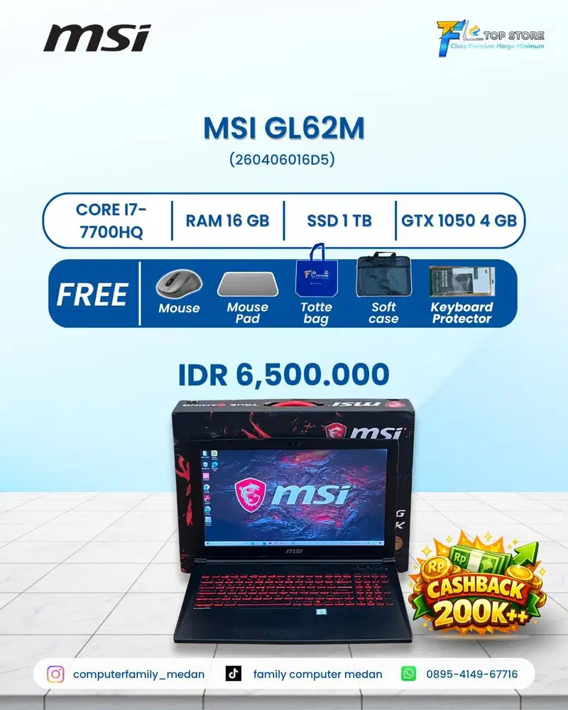 MSI GL62M 7RDX INTEL CORE I7-7700HQ 16GB/SSD 1 TB/NVIDIA GTX 1050 4GB