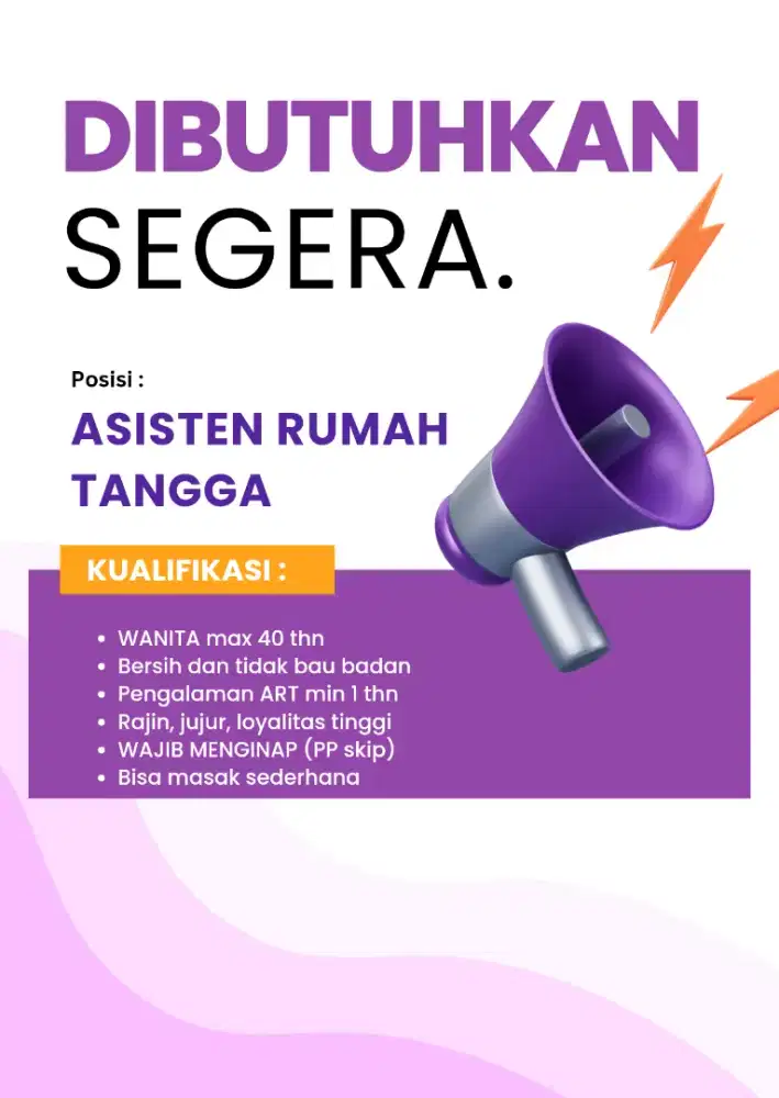 Dibutuhkan ART wanita