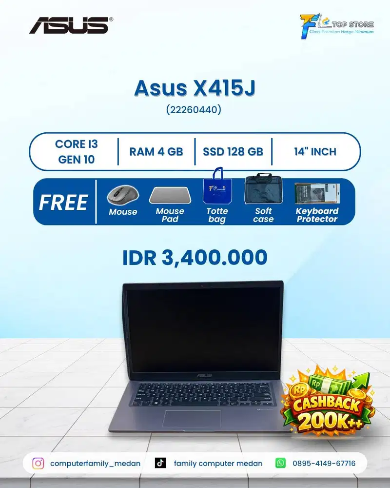 ASUS VIVOBOOK X415JA CORE I3 GEN 10 | RAM 4GB SSD 128GB | BACKLIGHT |