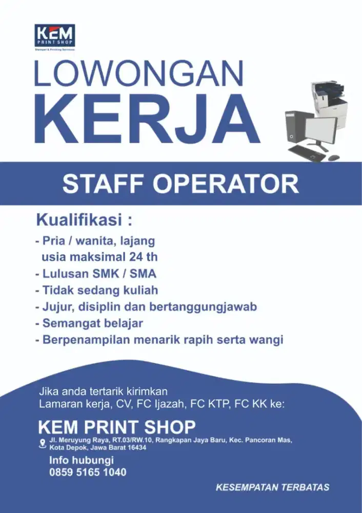 LOWONGAN KERJA STAFF OPERATOR