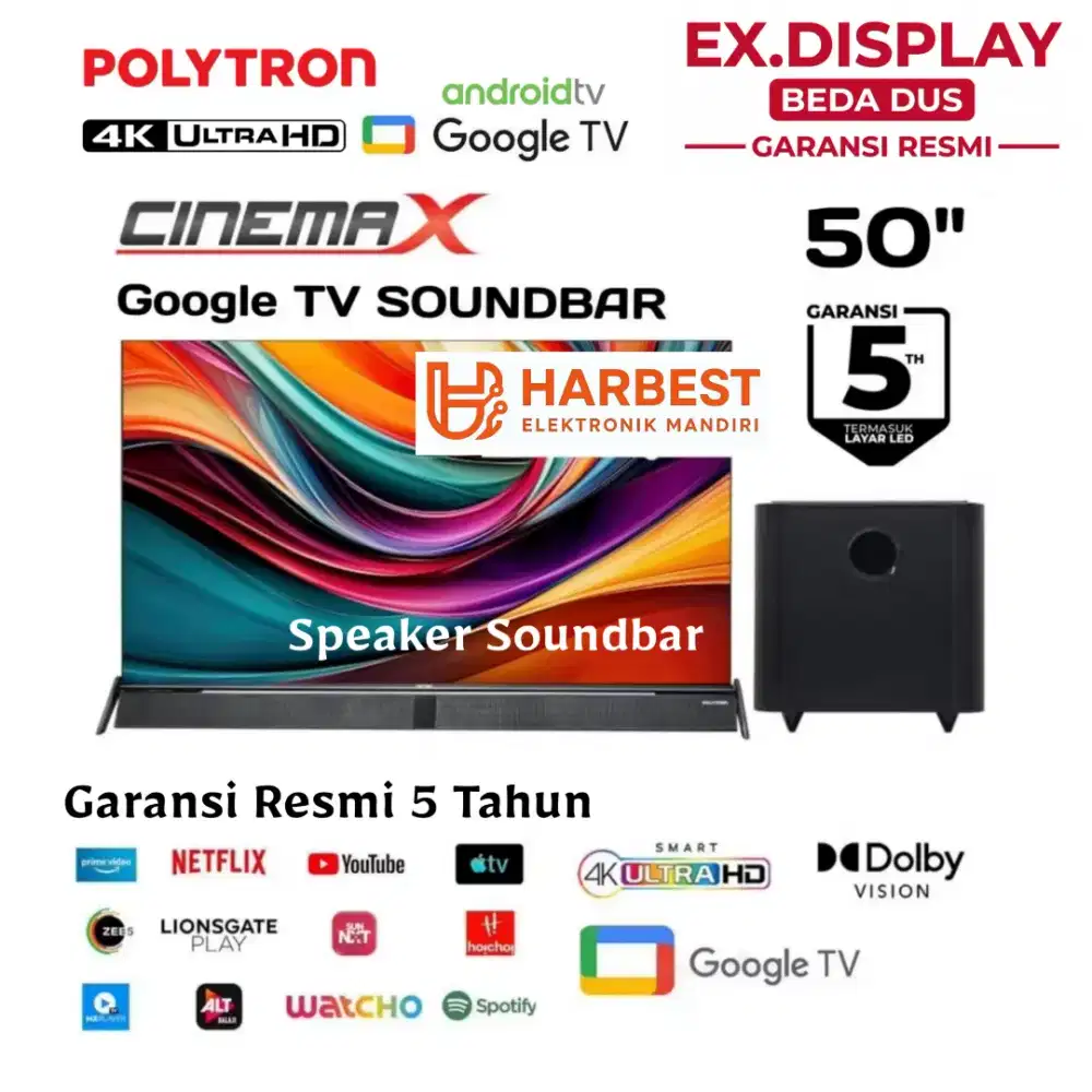 POLYTRON UHD 4K Google TV CinemaX SOUNDBAR SPEAKER 50 Inch 50BUG5058