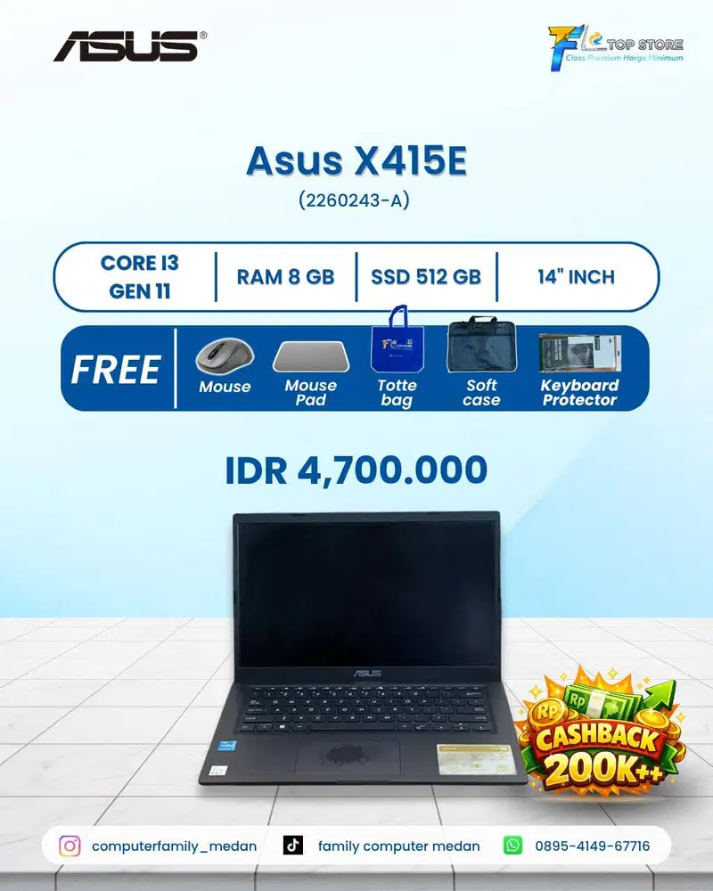 ASUS VIVOBOOK X415E | CORE I3 GEN 11 | RAM 8GB/512GB | NO MINUS |