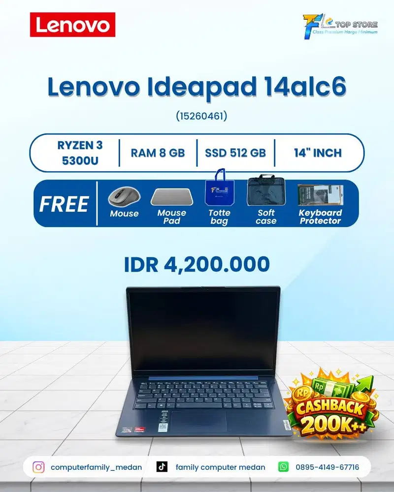 LAPTOP LENOVO IDEAPAD 3 14ALC6 AMD RYZEN 3 5300U SSD 512/8GB BACKLITE