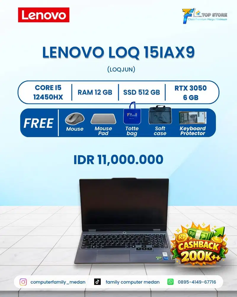 LENOVO LOQ 15IAX9 CORE I5-1245HX RAM 12GB SSD 512GB RT3050 6GB GARANSI
