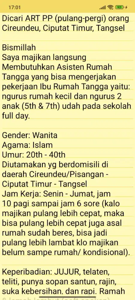 Asisten/ ART - Pulang Pergi