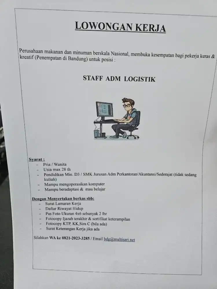 Lowongan Adm Logistik Perusahaan Makanan & Minuman