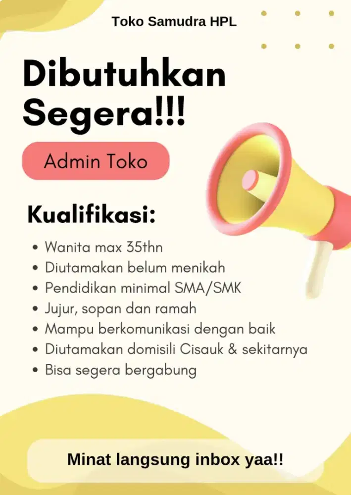 Urgent!! Dibutuhkan segera!!! Admin toko