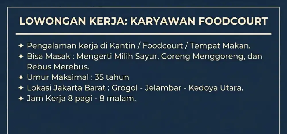 Dicari Karyawan untuk Foodcourt Yang Bisa Masak.