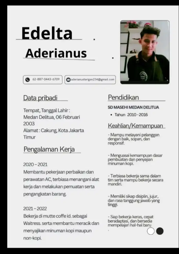 Saya membutuhkan pekerjaan caffe shop, gudang atau kerja lain