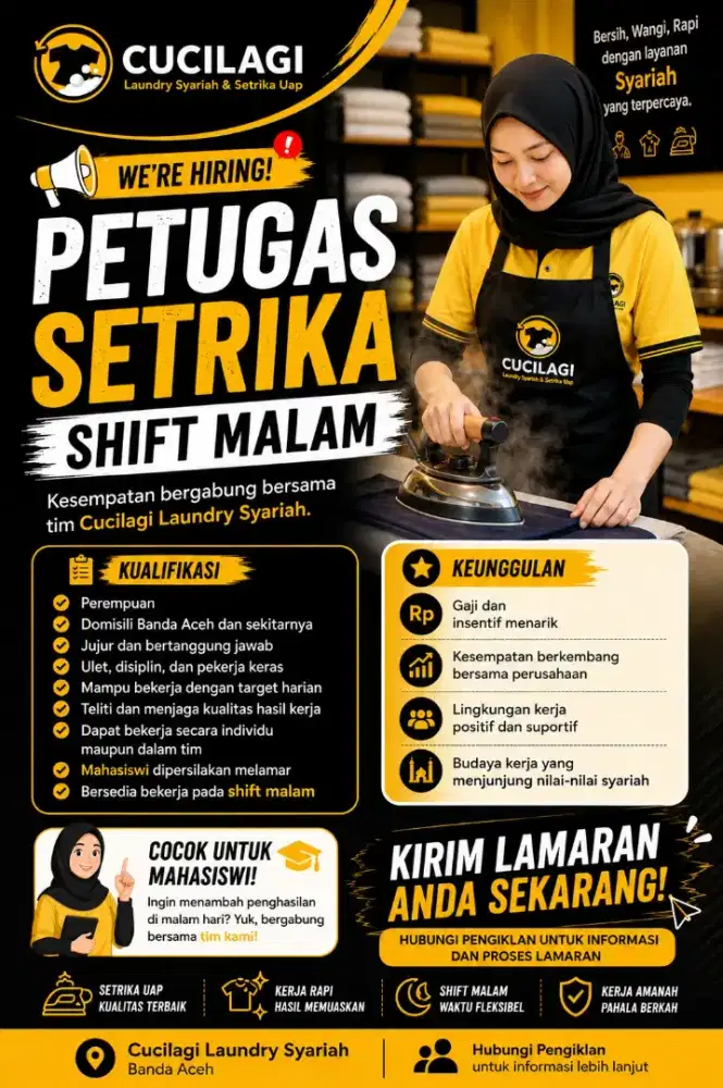 LOWONGAN KERJA PETUGAS SETRIKA SHIFT MALAM - WANITA - BANDA ACEH