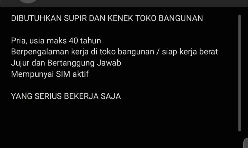 DIBUTUHKAN SUPIR DAN KENEK TOKO BANGUNAN