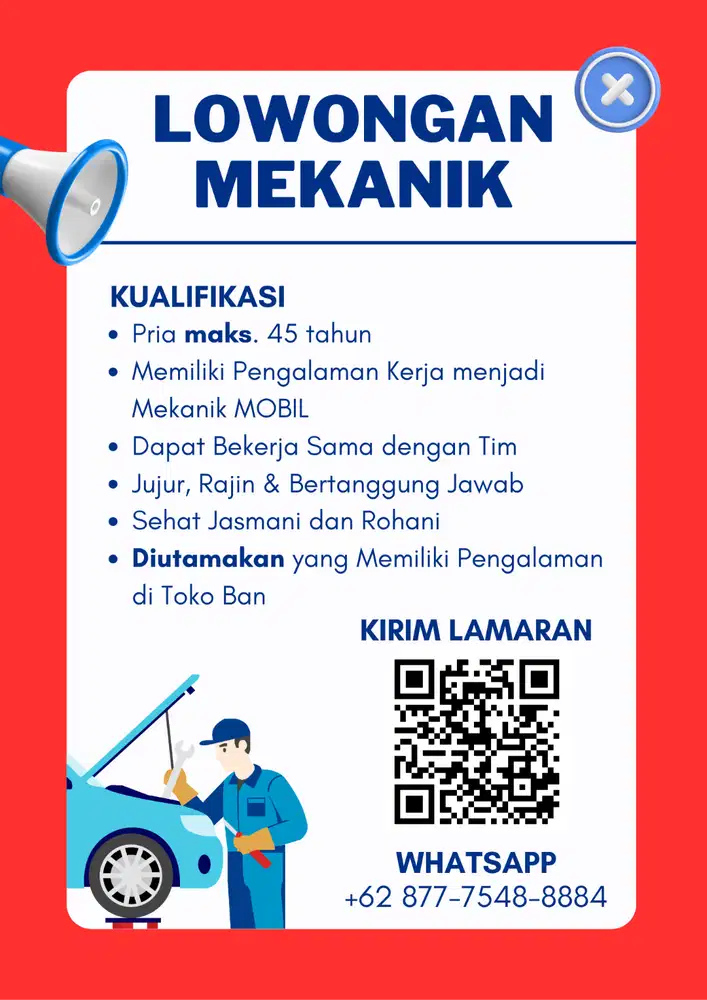 LOWONGAN MEKANIK / HELPER BENGKEL MOBIL