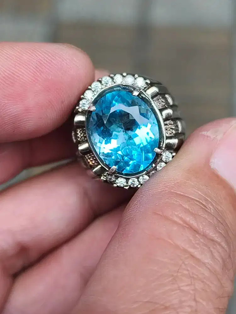 Batu blue topaz Swiss 9.36 carat ring perak memo MRI