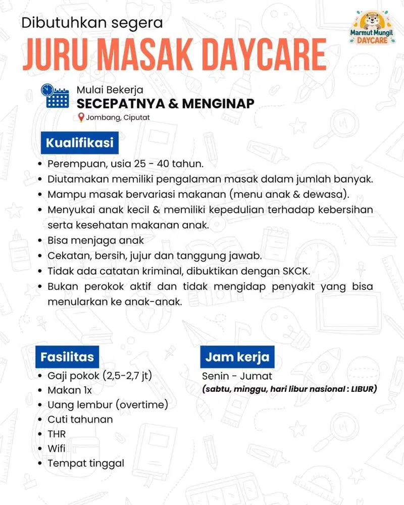 LOKER JURU MASAK DAYCARE
