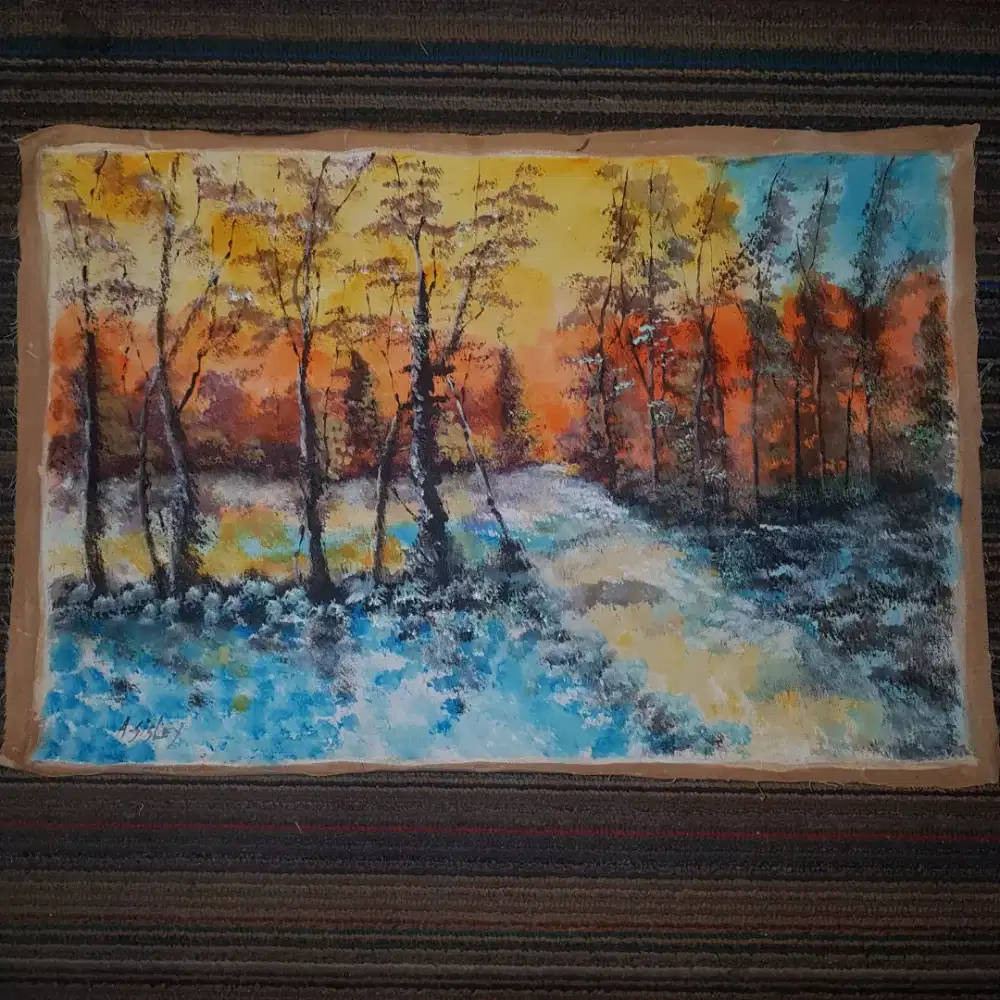 Lukisan alfred sisley 1839-1899 sunrise dan hutan bersalju