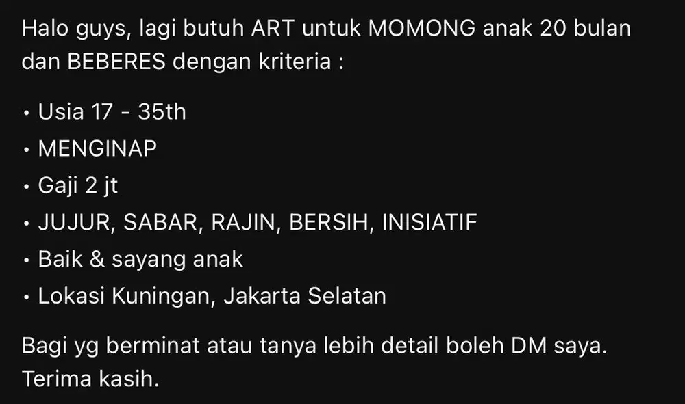 Loker ART Momong + Beberes Menginap