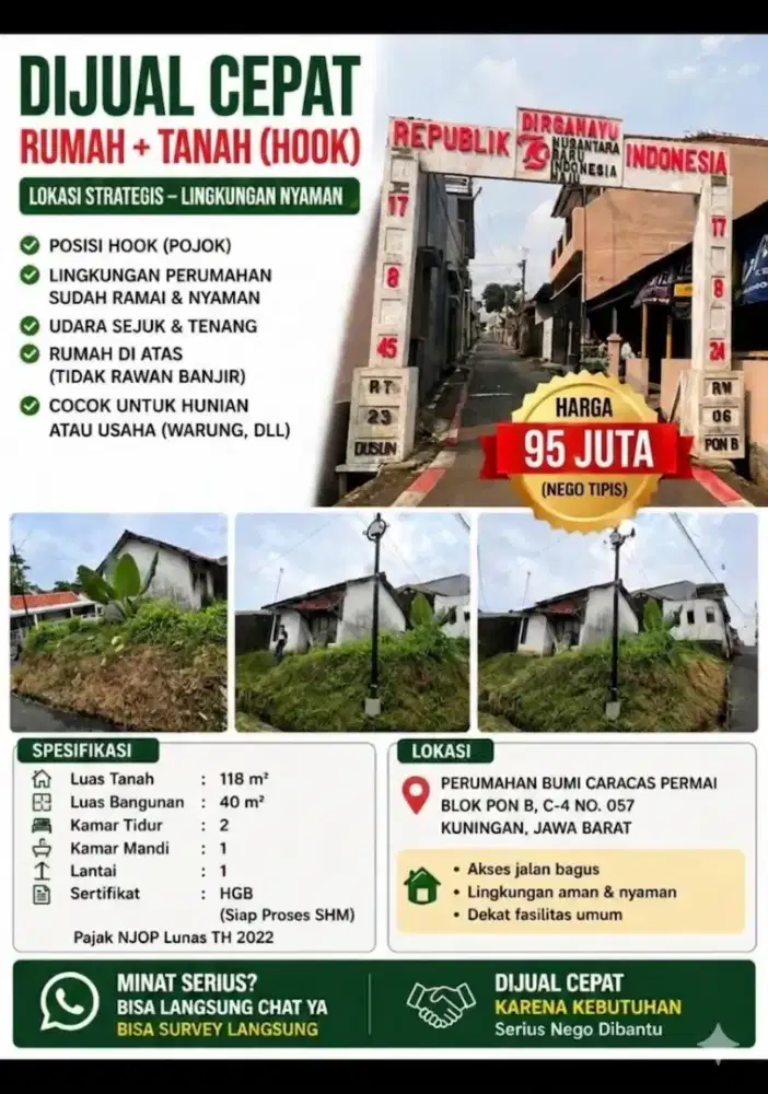 Jual Rugi Rumah (BU) + Tanah Hook Bumi Caracas Kuningan 95Jt Nego