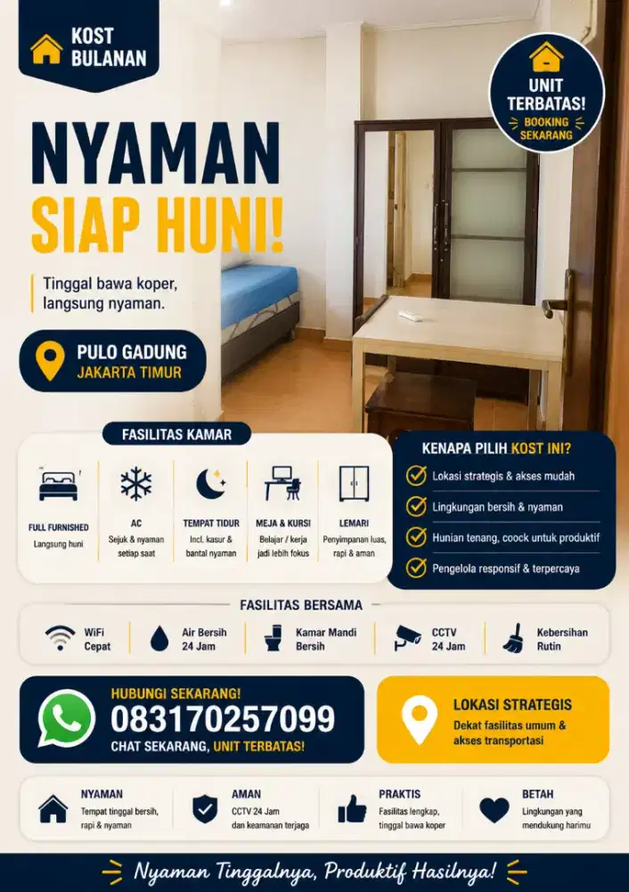 Kost bulanan nyaman dan siap huni di kawasan strategis Rawamangun.