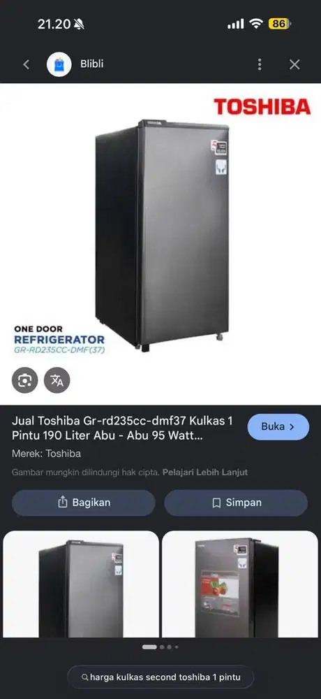 KULKAS TOSHIBA 1 PINTU ( SECOND )